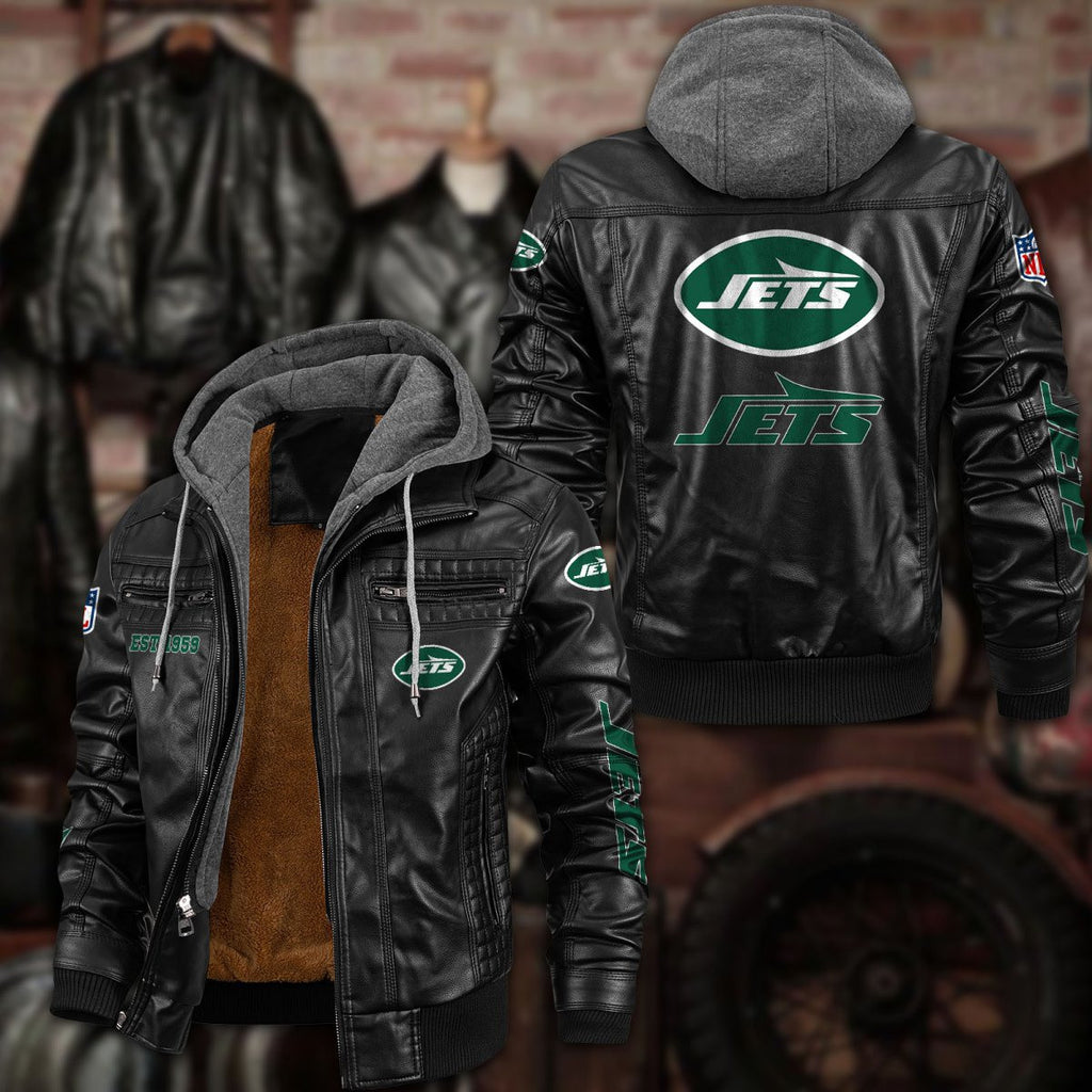 Premium & Ultra-Thick Leather Jacket with Fleece Hood - New York Jets PHVKC024