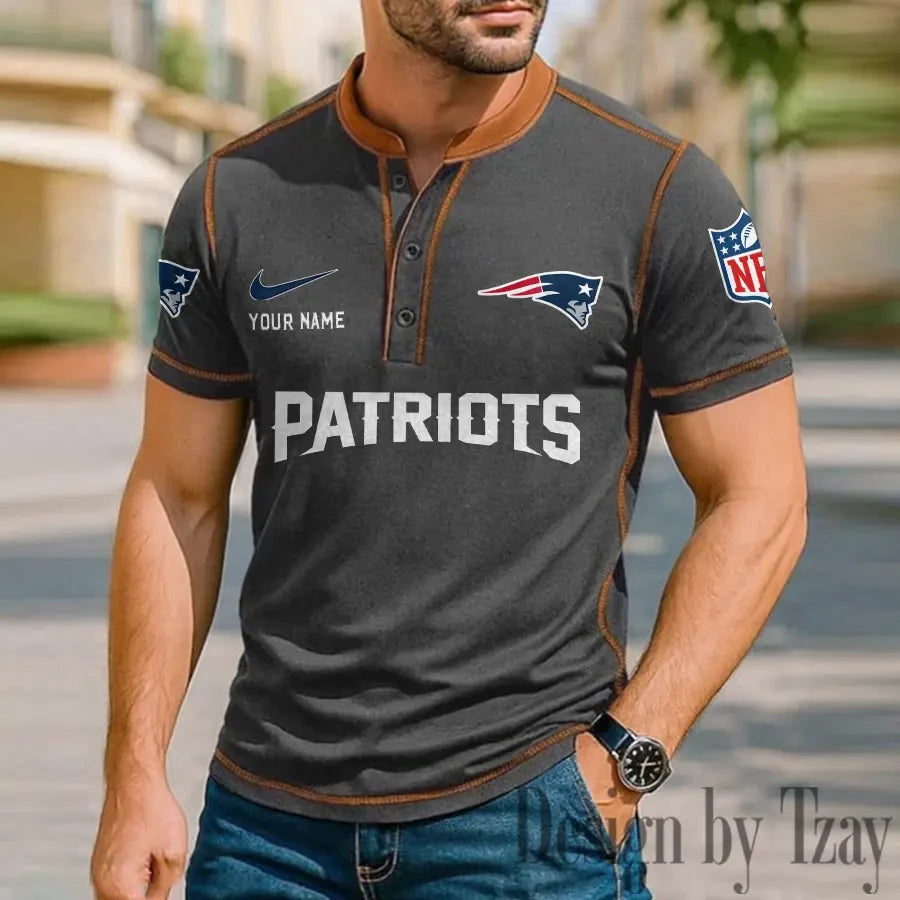 New England Patriots Men's Button Neck T-Shirt Short Sleeve Casual New Design 2026 SPTBNT054