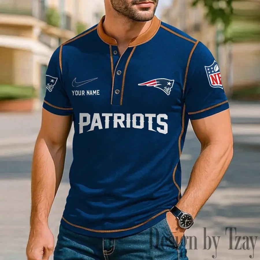 New England Patriots Men's Button Neck T-Shirt Short Sleeve Casual New Design 2026 SPTBNT054