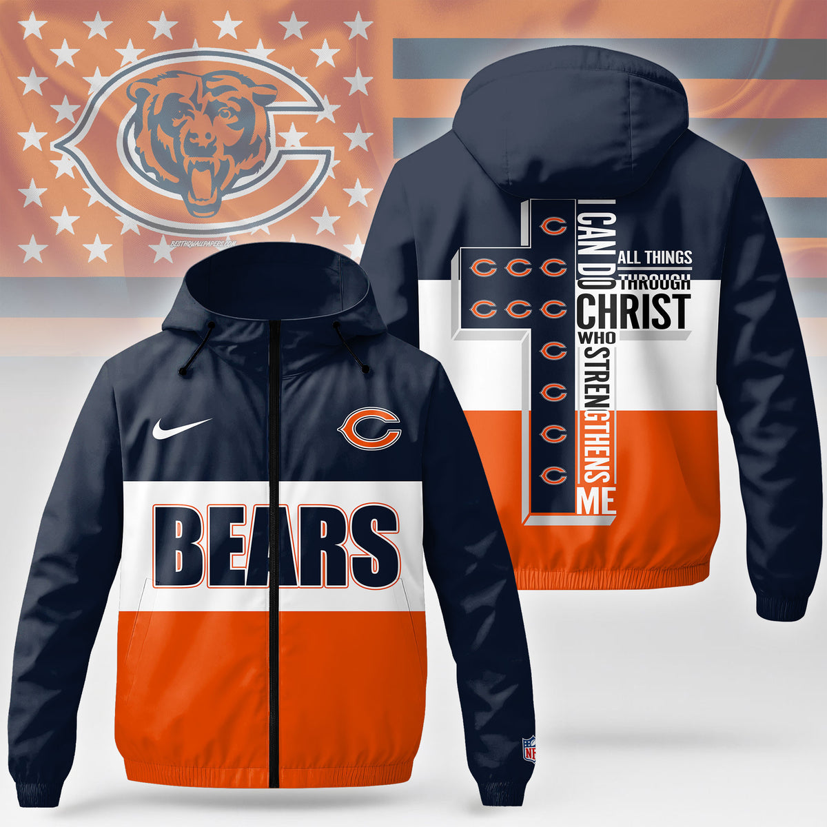 Chicago Bears | Premium NFL Strength Through Christ Windbreaker Jacket NTH1