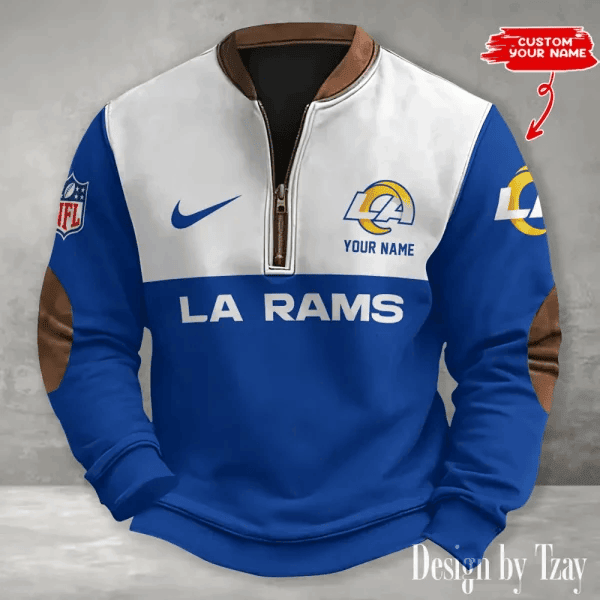S9MPZNS128-Los Angeles Rams Premium Personalized Game-Day Quarter-Zip
