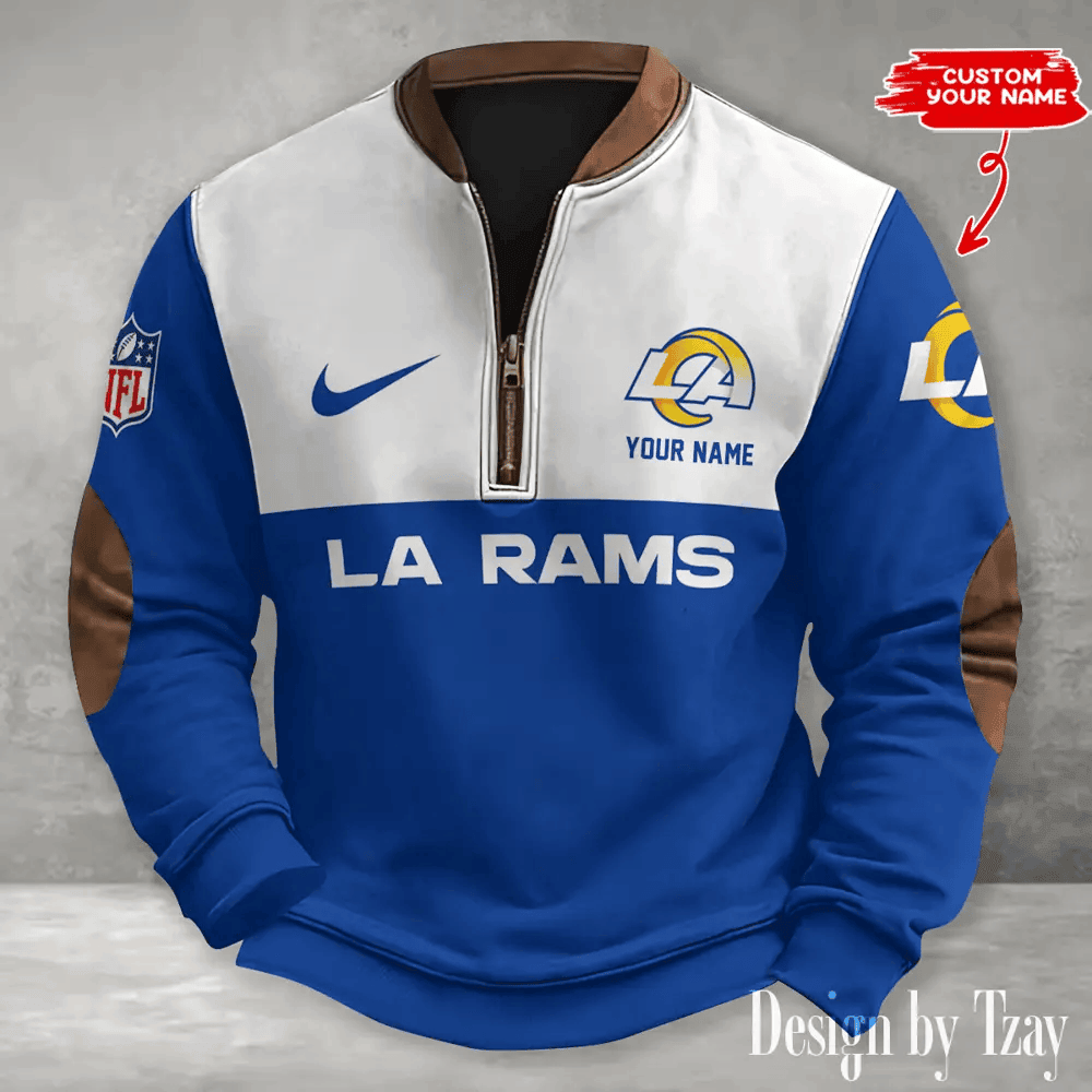 S9MPZNS128-Los Angeles Rams Premium Personalized Game-Day Quarter-Zip
