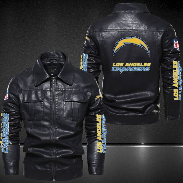 Los Angeles Chargers Collared Leather Jacket For Sport Fan AZCCLJ003