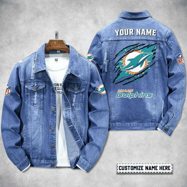 Miami Dolphins Personalized Premium Denim Jacket S9DJ077