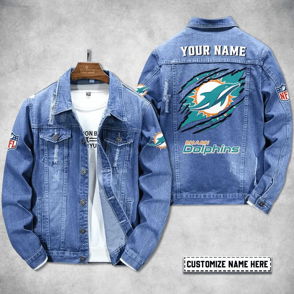 Miami Dolphins Personalized Premium Denim Jacket S9DJ077