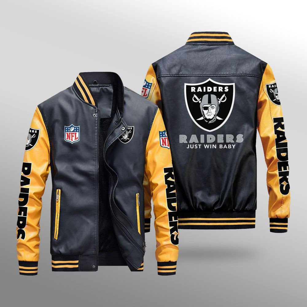 Las Vegas Raiders Premium Fleece-Lined Leather Bomber Jacket BG02