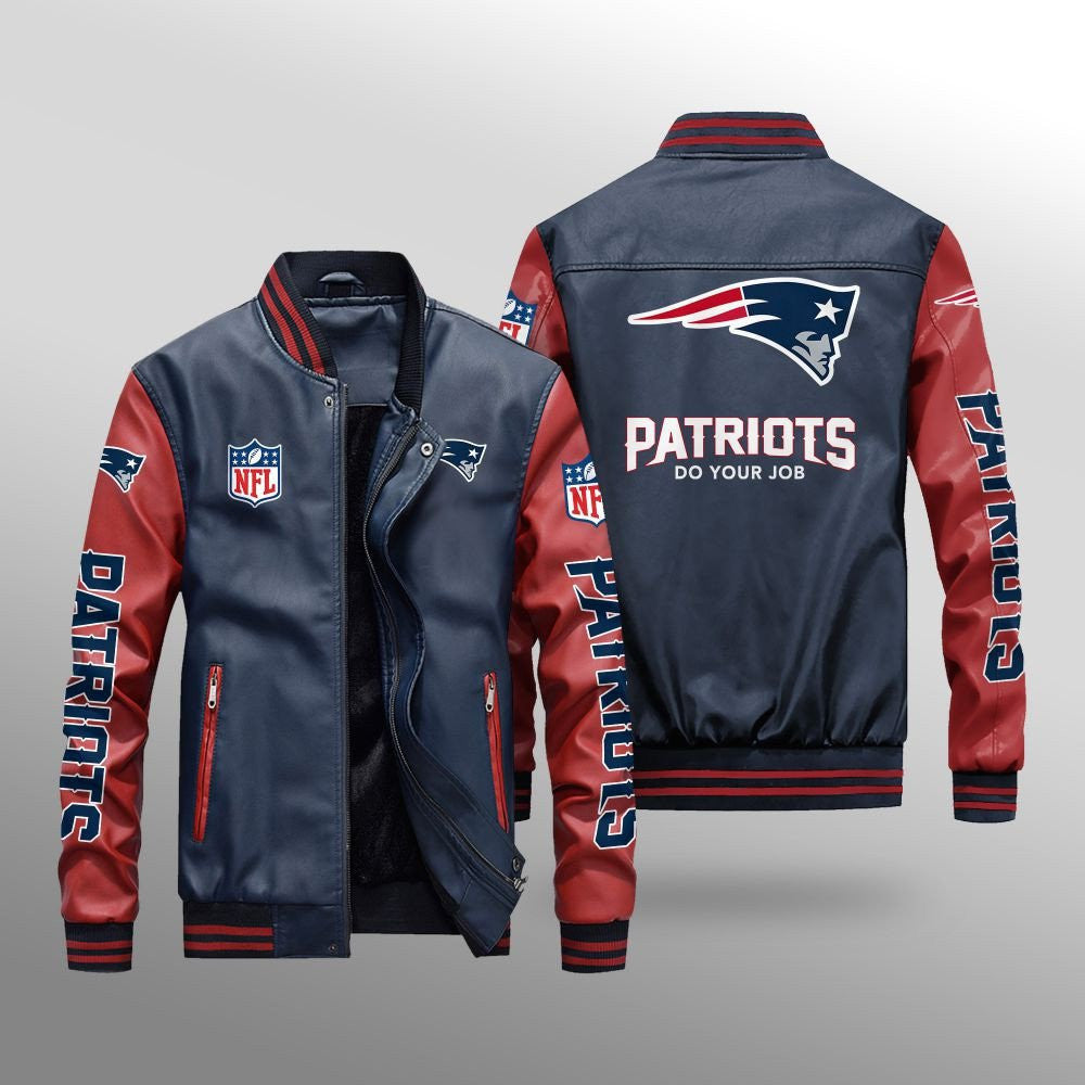 New England Patriots Premium Fleece-Lined Leather Bomber Jacket BG14