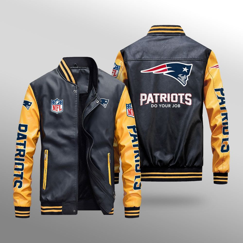 New England Patriots Premium Fleece-Lined Leather Bomber Jacket BG14