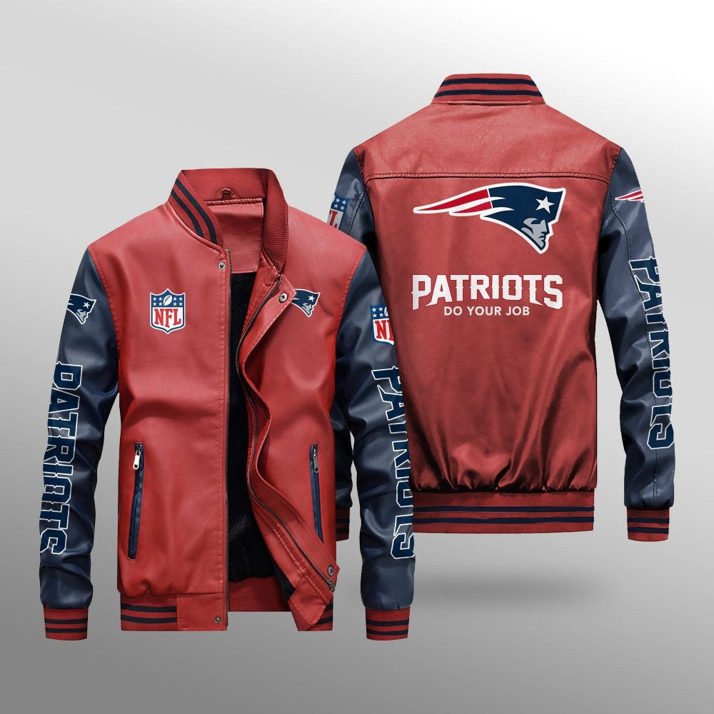 New England Patriots Premium Fleece-Lined Leather Bomber Jacket BG14