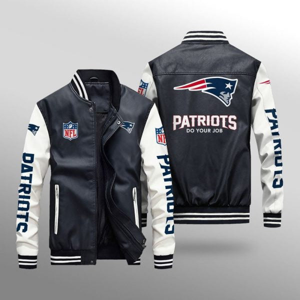 New England Patriots Premium Fleece-Lined Leather Bomber Jacket BG14