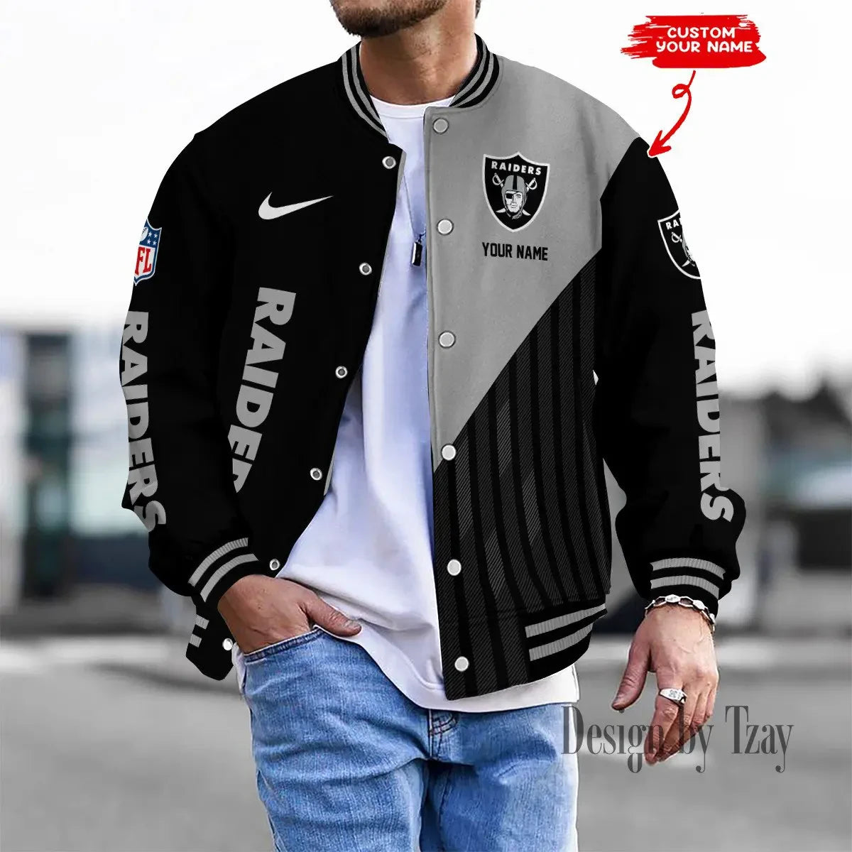 SPTBBJACKET113-Las Vegas Raiders Personalized New Baseball Jacket Gifts For Fan